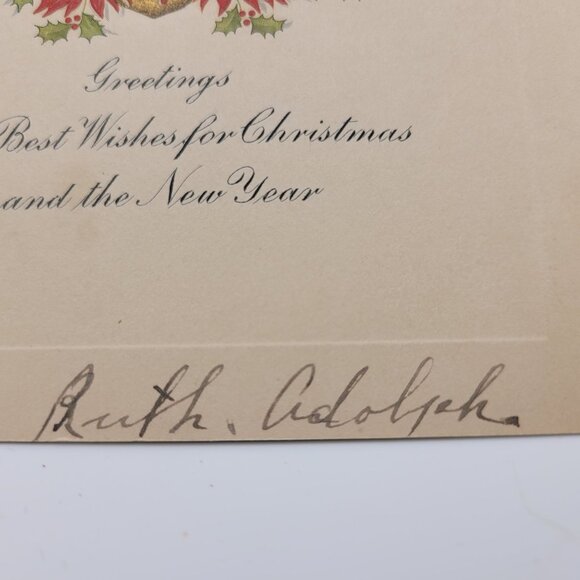 Vintage Christmas Card Esther Ruth Adolph Handwritten Poinsettia Holly 5x3 Inch - Picture 3 of 5